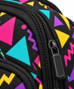 8Close-up of black zipper and textured rubber puller on black and neon sublimated softball bag fabric