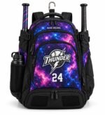 Custom team softball backpack with galaxy sublimation print, embroidered Thunder logo, number 24 and two bats