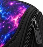 Close-up of galaxy sublimation fabric and black zipper on a custom team softball backpack
