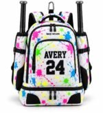 Personalized softball bat bag with neon paint-splatter print, embroidered AVERY 24 name and number and two bats
