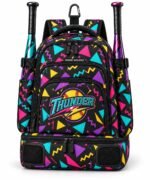 Sublimated softball bat bag with retro neon geometric print, embroidered Thunder logo and two bats