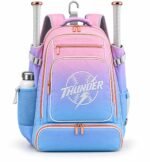 Girls softball bat bag with pink, lavender and blue ombre sublimation and white embroidered Thunder logo