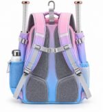 Girls softball bat bag back view with grey mesh back panel, sternum strap, fence hook and two bats