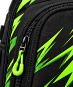 Close-up of neon green zipper puller and lightning sublimation print on black softball bat bag