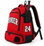 ustom softball bat backpack side view with tackle twill number 24, bat sleeve and vented shoe compartment