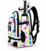 Personalized softball bat backpack side view with drawstring bat sleeve, buckle strap and vented shoe compartment