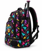 Custom softball bat backpack side view with bat holder strap, front pockets and vented shoe compartment