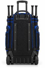Rolling softball bat bag back view with telescopic handle, skid rails and all-terrain wheels