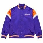 -Custom color block satin jacket in purple with orange and white shoulder panels and script logo
