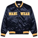 Custom chenille satin jacket in navy with gold chenille lettering and striped rib trims
