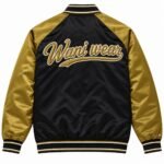 Back of a two-tone satin jacket with large embroidered Wani Wear script logo