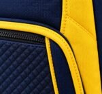 Close-up of quilted diamond pocket, gold contrast piping and reinforced stitching on custom embroidered bat bag