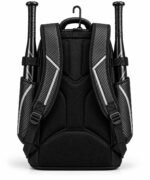 Back of black baseball bat backpack with padded shoulder straps, air mesh back panel and fence hook