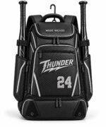 Custom bat backpack in black carbon finish with 3D embroidered Thunder logo, number 24 and two bats by Wani Wear