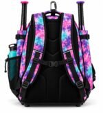Back of black baseball bat backpack with padded shoulder straps, air mesh back panel and fence hook