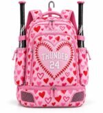 Custom softball bat bag in pink heart sublimation print with 3D embroidered team name and number by Wani Wear