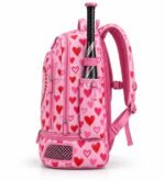 Side view of custom softball bat backpack showing bat sleeve, drawstring pocket and padded shoulder straps