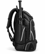 Side view of black custom softball bat bag showing bat sleeve, buckle strap and ventilated cleat compartment