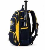 Side view of custom team softball backpack showing bat sleeve, buckle straps, mesh pocket and padded shoulder strap