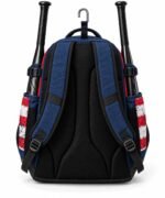 Back of patriotic baseball bat bag with air mesh back panel, adjustable shoulder straps and metal fence hook