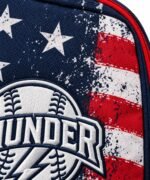Close-up of sublimated stars and stripes print and raised 3D embroidery on custom bat backpack