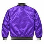 Back of a custom satin baseball jacket with black and cream striped trims
