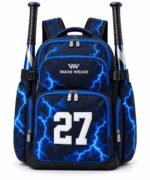 Blue lightning custom baseball bat bag front with Wani Wear logo, number 27 appliqué and dual bat sleeves