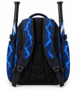 Sublimated baseball bat backpack back view with padded air-mesh panel, adjustable shoulder straps and two bats