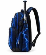 Custom baseball bat bag side view showing bat sleeve with buckle strap, zip pockets and padded straps