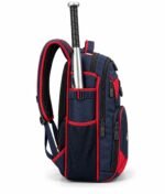 Custom baseball backpack side view showing bat sleeve with strap, mesh water bottle pocket and zip compartments