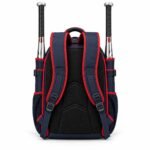 Navy and red custom baseball backpack back view with padded air-mesh panel and adjustable shoulder straps