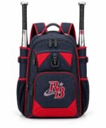 Custom baseball backpack in navy and red with embroidered team logo, fence hook and two bats in side sleeves