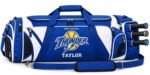 Custom softball bat bag in royal blue and white with embroidered Thunder team logo and player name
