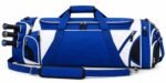 Royal blue and white softball equipment duffle bag with padded shoulder strap and bat sleeves