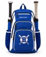 Personalized baseball bat backpack front with embroidered bulldog mascot, gold piping, SMITH 07 side pocket and dual bat sleeves