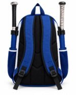 Personalized baseball bat backpack back view in green and gold with padded air-mesh panel, chest strap and two wood bats