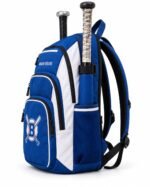 Green and gold personalized baseball bat backpack with embroidered bulldog logo, player name and number and buckled bat sleeve