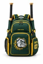 Personalized baseball bat backpack front with embroidered bulldog mascot, gold piping, SMITH 07 side pocket and dual bat sleeves