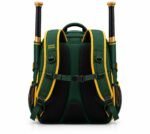 Personalized baseball bat backpack back view in green and gold with padded air-mesh panel, chest strap and two wood bats
