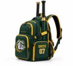 Green and gold personalized baseball bat backpack with embroidered bulldog logo, player name and number and buckled bat sleeve