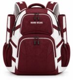 Maroon and white private label baseball backpack front with minimal logo, two front zip pockets and dual bat sleeves