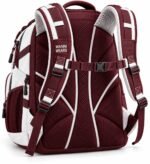 Maroon and white private label baseball backpack back view with padded mesh panel, chest strap and adjustable shoulder straps