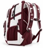 Private label baseball backpack side view with bat sleeve, mesh water bottle pocket and multiple zip compartments