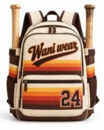 Retro baseball backpack front in cream and brown with sunset stripes, sewn script logo, number 24 and dual wood bats