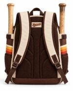 Retro baseball backpack back view with brown padded mesh panel, cream shoulder straps, woven script label and two wood bats
