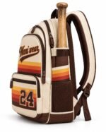 Retro baseball backpack side view with 70s sunset stripes, tackle twill number 24, bat sleeve and brown mesh side pocket