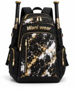 Custom marble baseball bat bag front with black, white and gold sublimation print, metallic gold logo and dual bat sleeves