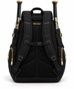 Marble baseball bat bag back view in black with padded air-mesh panel, chest strap, gold woven label and two gold bats