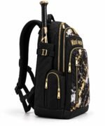 Black and gold marble baseball bat bag side view with gold zippers, buckled bat sleeve and sublimated marble front panel