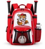ed and white custom youth baseball backpack with tiger mascot logo, front ball pocket and two bats in side sleeves